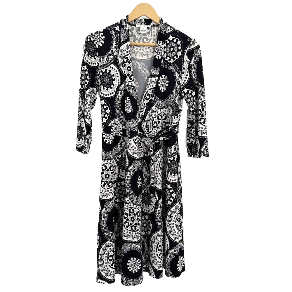 White House Black Market Dress Size 4 Black White Medallion Faux Wrap Midi